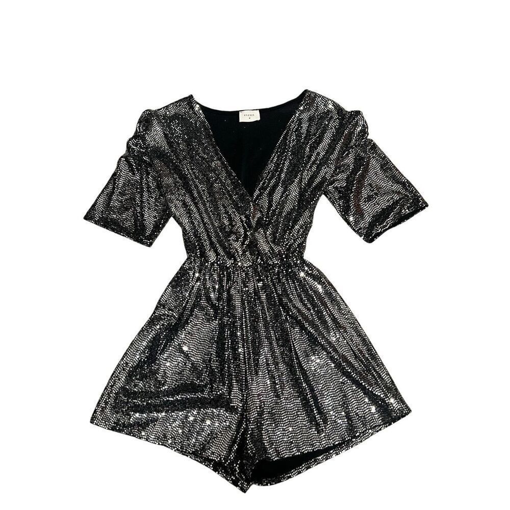 Everly Women's Sparkly Sequin Surplice Short Romper Black Silver Small